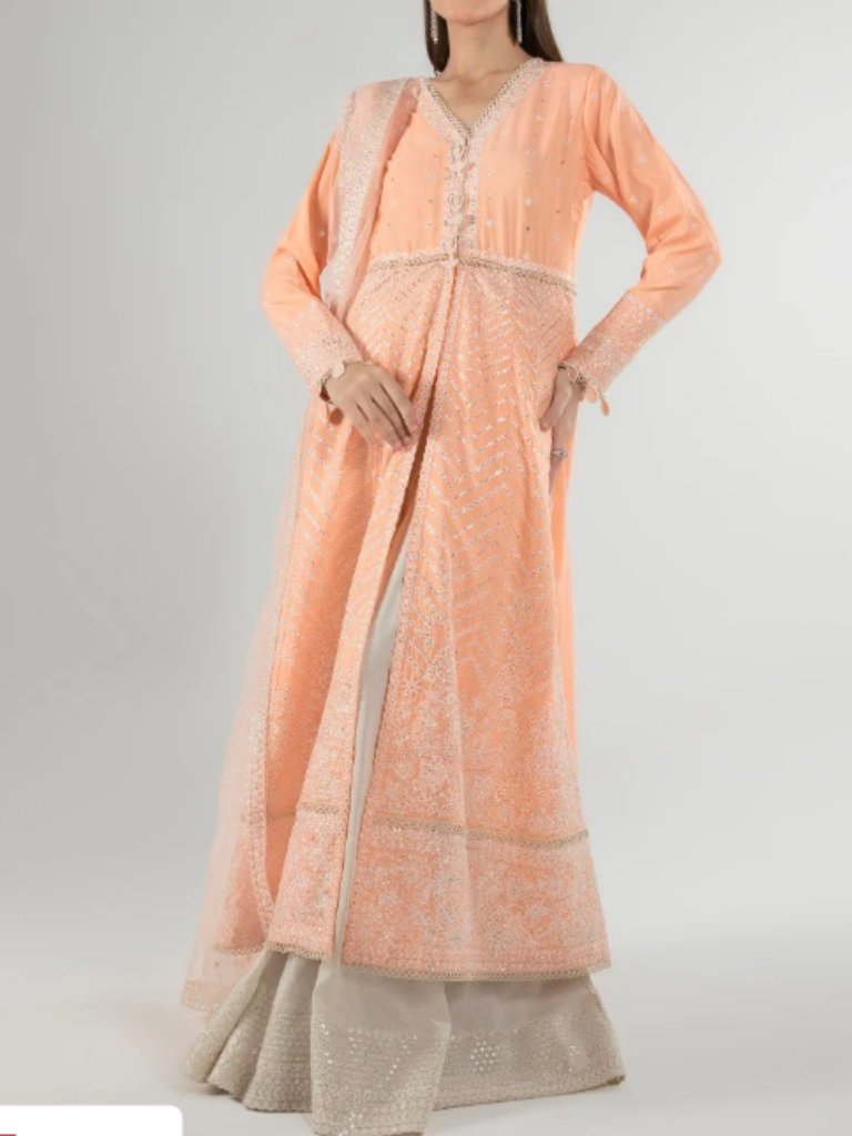 Peach Embroidered Long Kurta With Front Slit